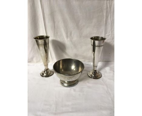  Sale Item:    2 SILVER PLATED VASES &amp; BOWL   Vat Status:   No Vat   Buyers Premium:  This lot is subject to a Buyers Pre