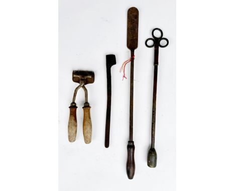 Set of 4 veterinary tools; firing iron, clippers, balling gun, tooth rasp
