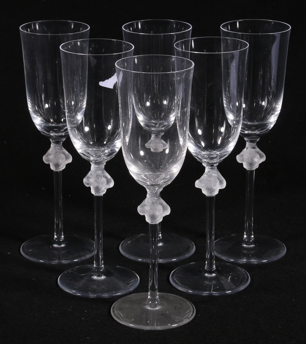 Set of six Lalique glass Roxane pattern champagne flutes, engraved