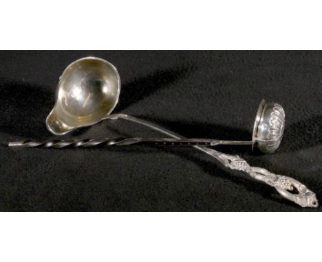 20th Century continental white metal toddy ladle, with entwined vine handle and a boat shaped bowl, unmarked, 34cm together w