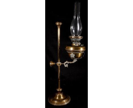 19th century brass adjustable column paraffin lamp, 65cm