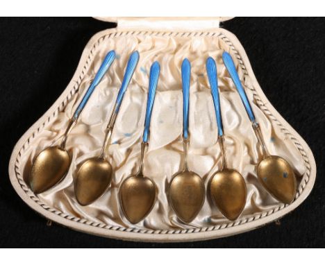 Early 20th Century Norwegian enamel silver gilt coffee spoons, maker J Tostrup of Kristiana, 84 zolotnik, cased 78g, 10cm.