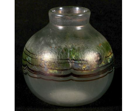 Studio glass vase by M Foster, of globe form with a green iridescent and trailed enamel decoration, signed, 14.5cm