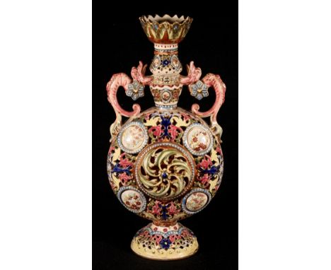 Hungarian faience moon flask, in the manner of Zsolnay, marked 'Fischer Budapest', 36cm. CONDITION REPORT: Firing crack to th