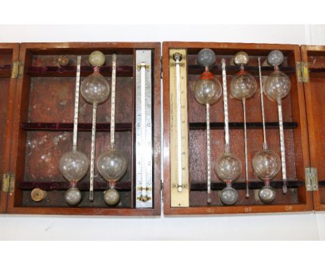 Two cased Sikes Hydrometer / thermometer sets by Peter Stevenson Ltd of Edinburgh
