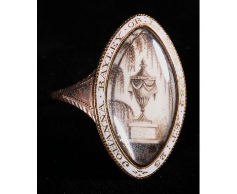 George III enamel mourning ring, the oval panel with central urn within a band inscribed 'Johanna Bayley Ob 19 Feb 1789 AET 2