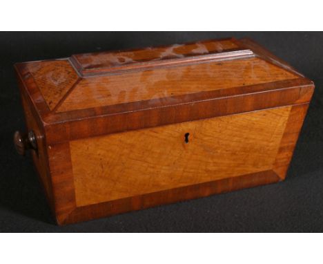 19th century walnut and oak tea caddy, of sarcophagus form with three division interior, the lids with turned ivory handles, 
