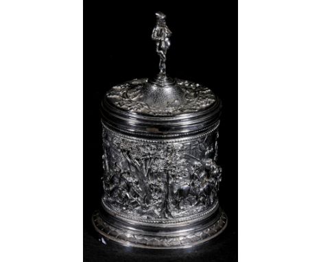 19th Century French silver plated electrotype tobacco jar, the cover with a piper finial, the band decorated in relief with M