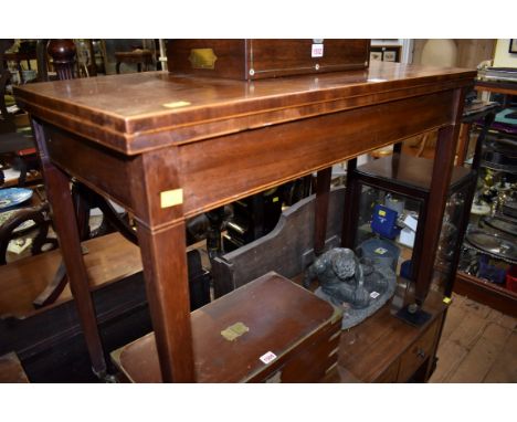 A George III mahogany and line inlaid rectangular card table,&nbsp;91.5cm wide.&nbsp; 