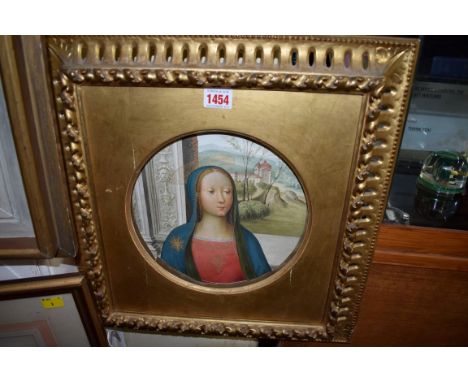 Italian School,&nbsp;a Renaissance style head and shoulders portrait of The Virgin, watercolour, 22.5cm diameter. 
