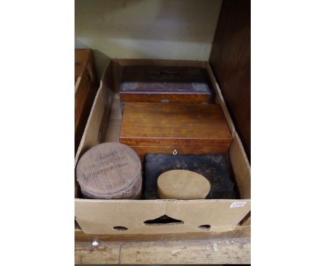 A collection of boxes,&nbsp;to include a 19th century satinwood tea caddy, with original mixing bowl. 