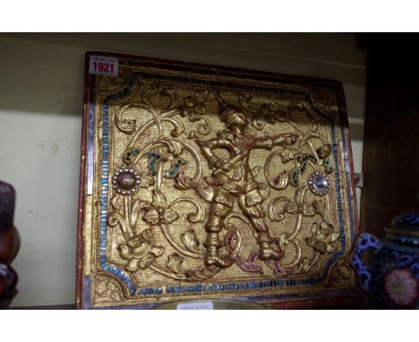 A Burmese giltwood panel,&nbsp;19th century,&nbsp;relief decorated with a figure and scrolling foliage, 29 x 34cm.&nbsp; 