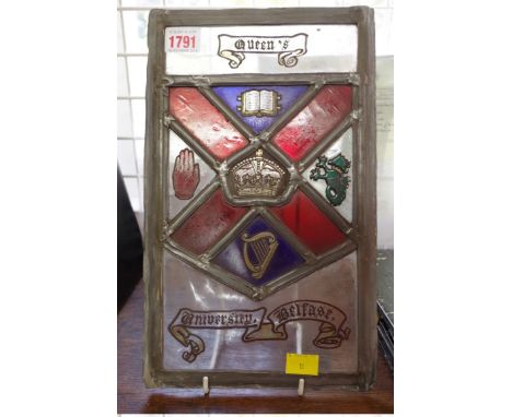 A 'Queen's University Belfast' stained and leaded glass panel, 32 x 19.5cm. 