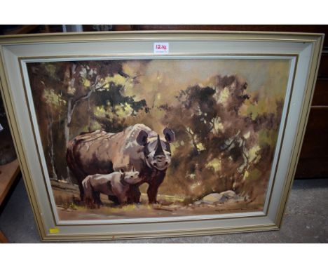 R D McKenzie, rhinoceros, signed and dated '89, oil on canvas board, 44 x 59.5cm. 