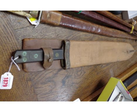 A machete and leather sheath, the blade marked with broad arrow and dated 1955. 