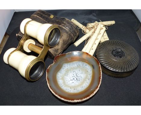 An early 19th century pressed horn and tortoiseshell patch box, 3¼"; a Chinese puzzle; a pair of opera glasses; a polished ag