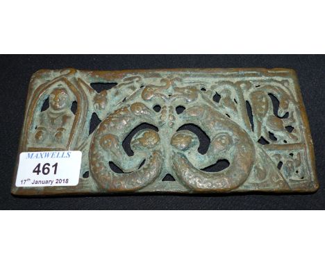 A South East Asian bronze plaque decorated with animals, length 7"