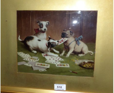 A 19th century crystoleum:  pug and 2 other dogs playing cards, framed and glazed
