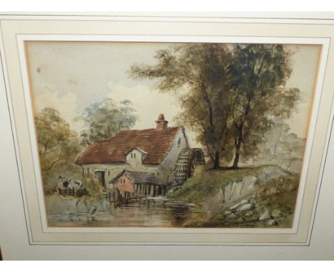 19th Century School:  watercolour depicting a water mill, unsigned, 8" x 11", framed and glazed; 2 19th century coloured prin