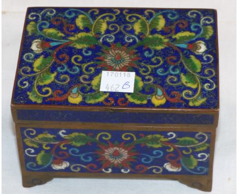 A Chinese cloisonnée enamel rectangular box with hinged lid, blue enamel interior, 14½"