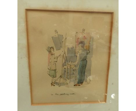 P.S. Seward:  pen and wash sketch, "in the painting room", signed with initials, 7" x 6", framed and glazed