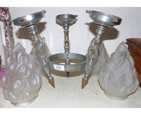 An Art Deco 3 branch hanging light with frosted flame glass shades