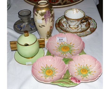 A 1920's Satsuma vase; a Carlton Art Deco sucrier and trefoil dish; a cabinet trio set