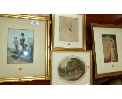 E Cummings:  19th century soldier on horseback, watercolour, signed, 7" x 4½"; early 19th century portrait of a lady, waterco