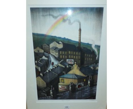 Clare Allan:  signed limited edition print "Singing in the Rain", view of New Mills, 5 of 5, 23" x 16", framed and glazed