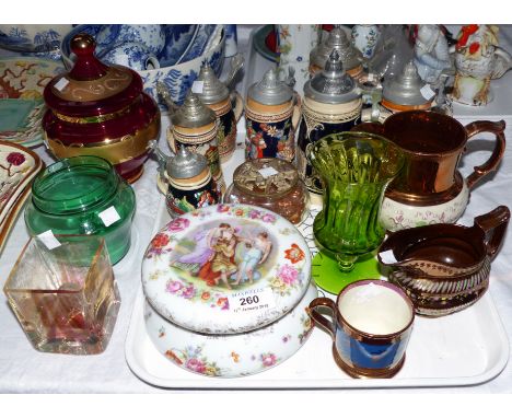 A Limoges style trinket jar; a selection of steins, lustre jugs, other coloured glassware