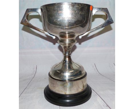 A silver 2-handled trophy cup: Presented to the Lancashire and Cheshire Car Club Ltd by R Hollingdrake Esq., April 1955, Shef