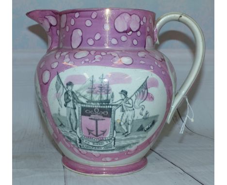 A large 19th century Sutherland lustre jug with transfer printed panel "High level Bridge", height 7½"