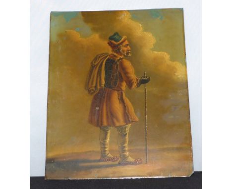 19th century oil on metal panel, full length portrait of a Middle Eastern traveller, 9" x 7"