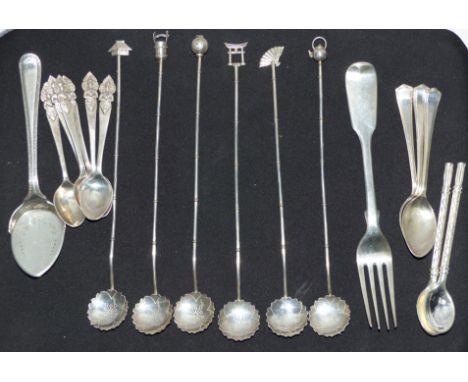 A set of 6 white metal oriental spoons with flower heads to the bowls, bamboo body and different terminals, silver plated spo