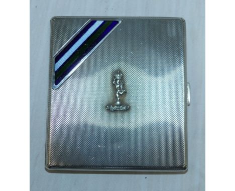 A silver cigarette case with applied badge and enamelled band of colours of the Royal Corps of Signals, Goldsmiths & Silversm