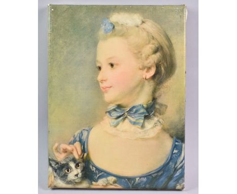A Mounted but Unframed Textured Varnish Print, Young Girl with Cat by Jean Baptiste Perrineau, 23x30cms