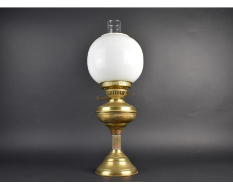 An Edwardian Brass Oil Lamp with Opaque Glass Shade and Plain Glass Chimney, 53cms High Overall