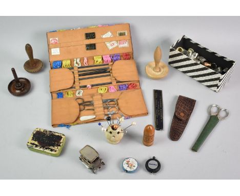 A Collection of Various Vintage Sewing Accessories to include Thimbles, Scissors, Needles and Threads, Hatpins Etc