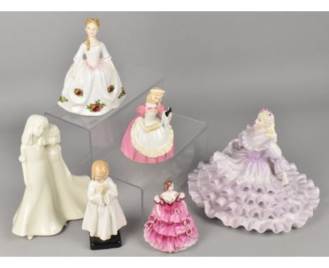 Six Ceramic Ladies to Comprise Coalport Ladies of Fashion, Coalport Lady Emily, Royal Doulton Bedtime, Royal Doulton Old Coun