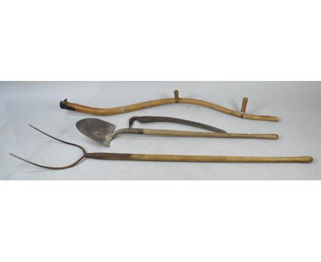 A Vintage Wooden Handled Scythe, Pitchfork and Shovel