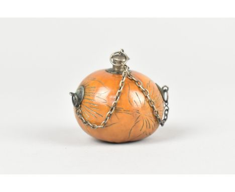 A Late 19th Century French Miniature Gourd Scent Bottle with White Metal Mounts and Chains, Hand Carved with Portrait of Napo