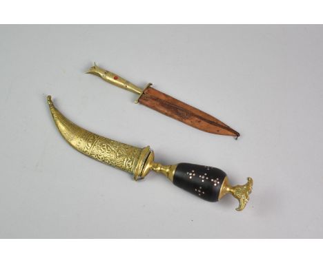 Two Brass Handled Curved Blade Daggers, One with Brass Scabbard, the Other with Leather