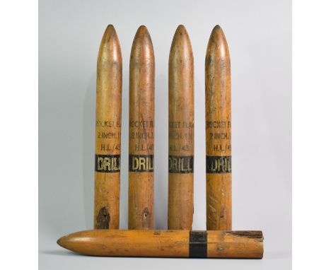 A Collection of Five Vintage Wooden Drill 2" Rocket Flares, Each 50cms Long