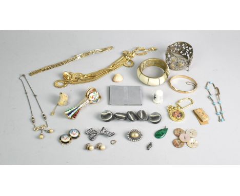A Collection of Vintage Costume Jewellery to include Enamelled Buttons with Floral Decoration, Gold Plated Hinged Bangle, Hor