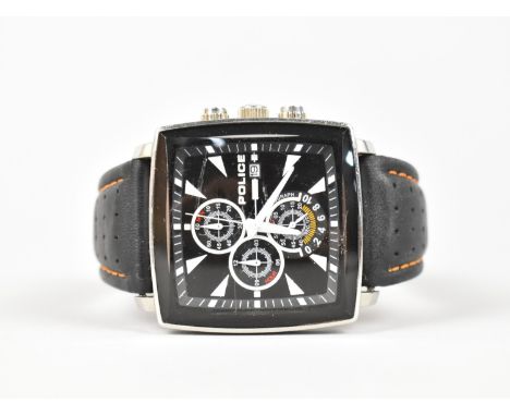 A Square Faced Gents Chronograph Wrist Watch by Police, Black Face with White Hour Indicators and Hands, Three Subsidiary Dia