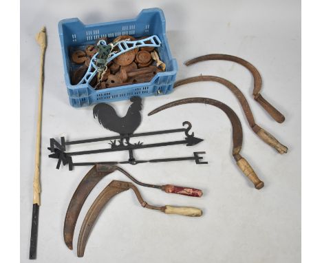 A Collection of Vintage Tools, Modern Cockerel Weathervane Top Etc
