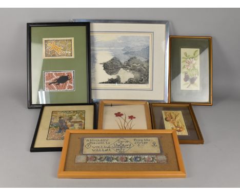 A Collection of Framed Embroideries, Silks, Print etc
