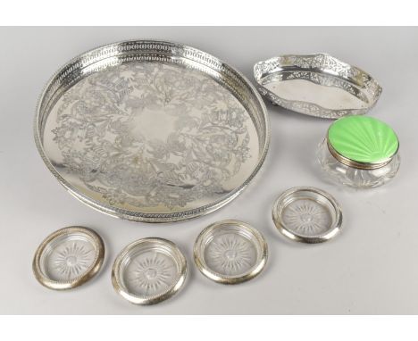 A Circular Silver Plated Galleried Tray together with Silver Plate and Glass Coasters together with Enamel Lidded Dressing Ta