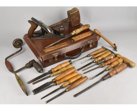 A Small Leather Case (AF), Containing Vintage Tools, Chisels and a Stanley Bailey No.4 Plane Etc