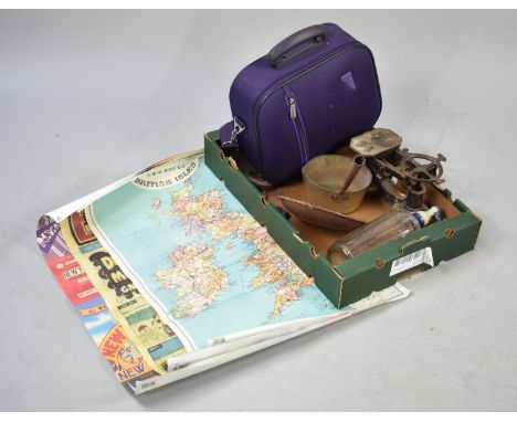 A Box of Sundries to include Vintage Scales and Weights, Brass Pan, Soda Syphon, Ladies Overnight Bag Containing Costume Jewe